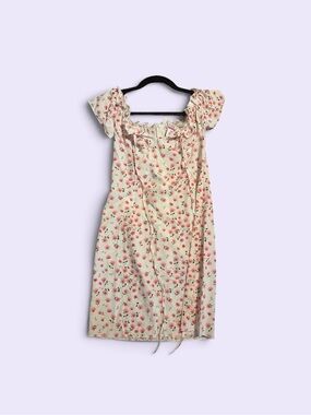 Floral Tie-Front Midi Dress in Cream with Pink Roses